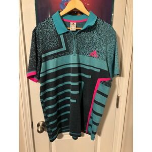 Adidas Golf Polo Shirt Mens Large Teal Black Pink Geometric Stripe Zip 2018